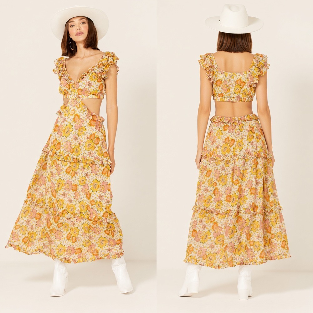 Cleobella Women Floral Print Ruffle Clara Maxi Dress Orange Yellow Size M